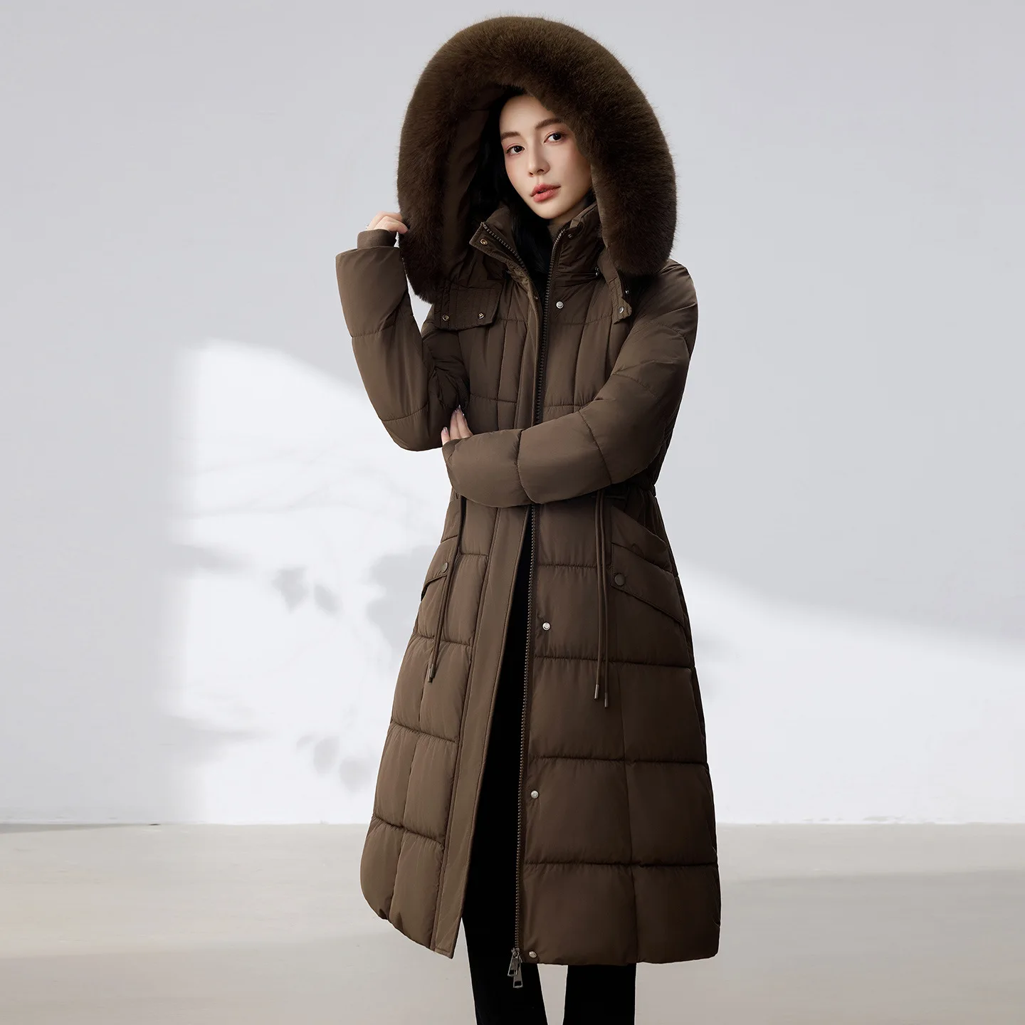Ladies' Hooded Coat Autumn Winter Casual Warm Long Large Fur Collar Cotton Coat Over-the-Knee Loose Thickened Hooded Jacket