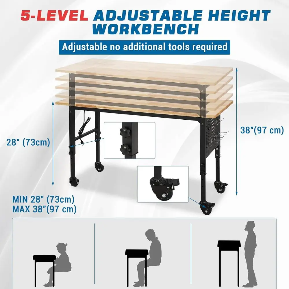 60 x 24 Adjustable Height Rolling Workbench with Pegboard, 4 Outlets, 2 USB Ports, Heavy Duty Woodworking Table
