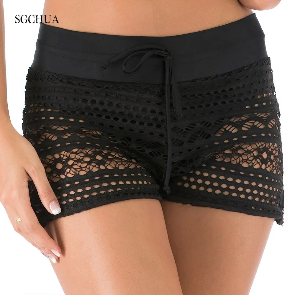 SGCHUA Sexy Black Mesh women's swimming trunks Plus Size 5XL Blue Lace swimsuit bottom Fat Swim shorts Boxer Briefs New Pant