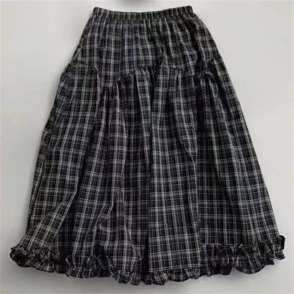 Y2K Grunge Plaid Midi Skirt Women Elastic High Waist Ruffle Hem A-Line Long Skirts Vintage Casual Streetwear Female Autumn Skirt