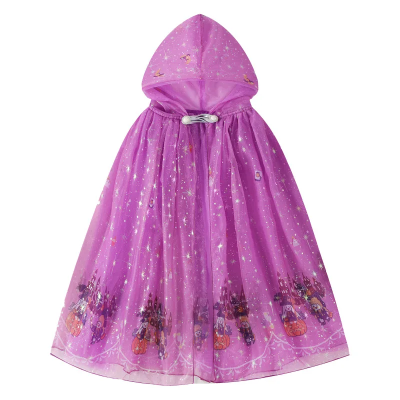 Kids Halloween Hooded Cloak Glitter Tulle Cape Cosplay Party Fancy Dress Costume for Girls