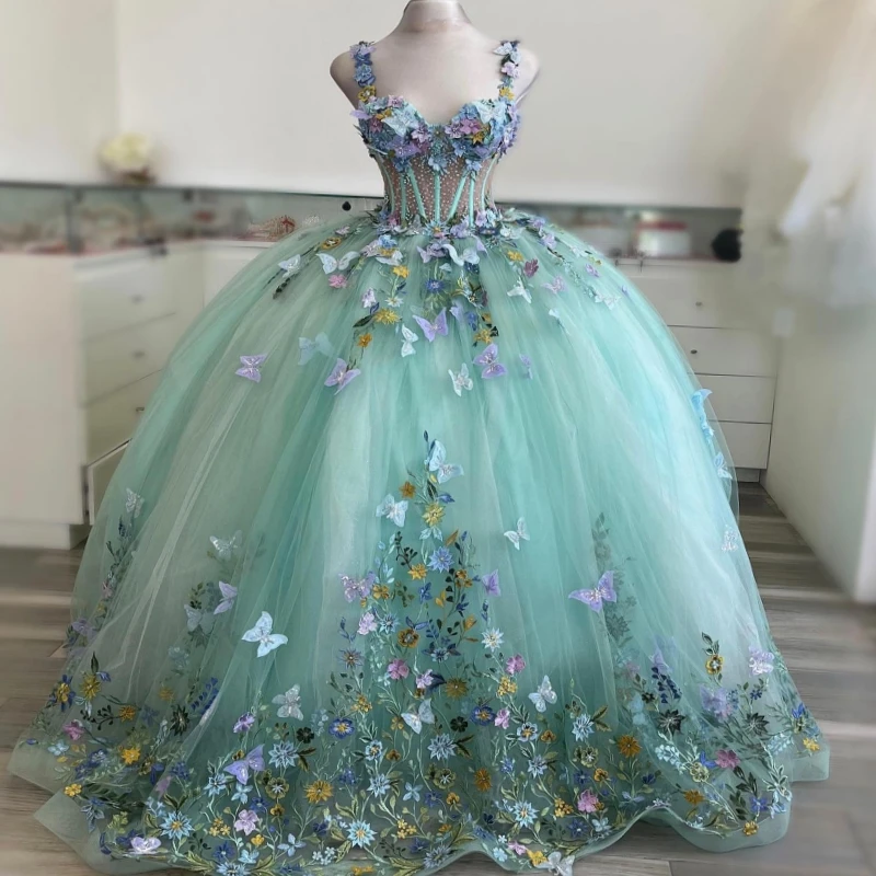 

Mint Green Shiny Quinceanera Dresses Off The Shoulder Applique Bow Beads Tull Party Birthday Sweet 16 Dress Vestidos 15 De Anos