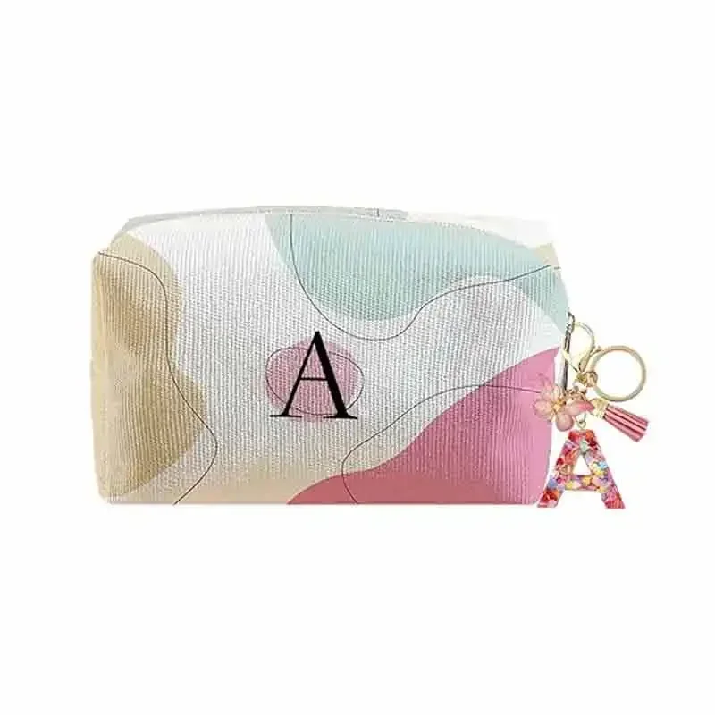 KB01 Llavero con letra de bolsa de maquillaje inicial, bolsa de cosméticos de maquillaje personalizada para mujeres