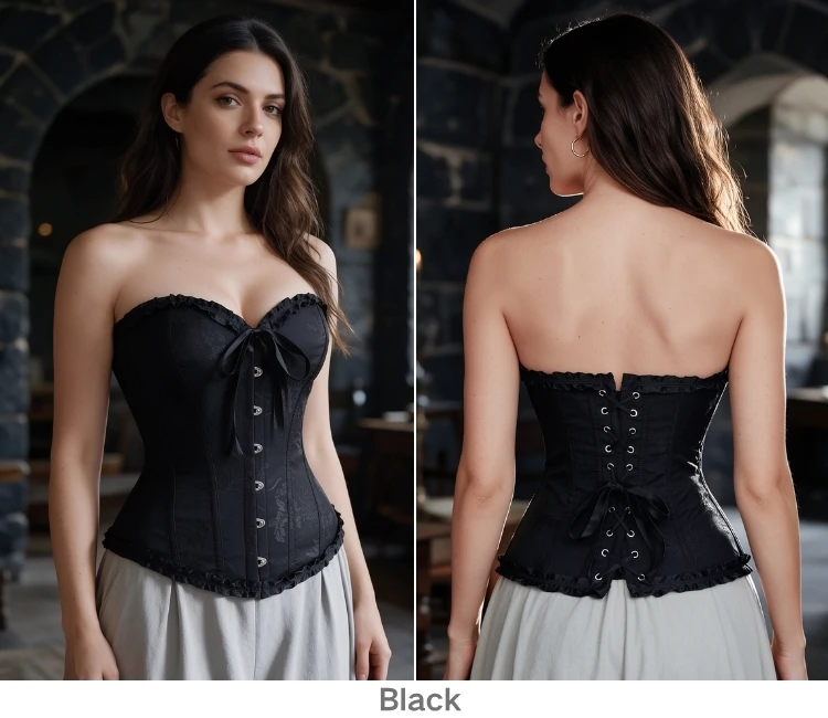 Damen Vintage Jacquard Korsett-Top, trägerlos, mit Rüschen vorne, Busk-Rücken, Schnürung, 20 Farben, für Feiertage, Partys und Abendgarderobe – Detail 10