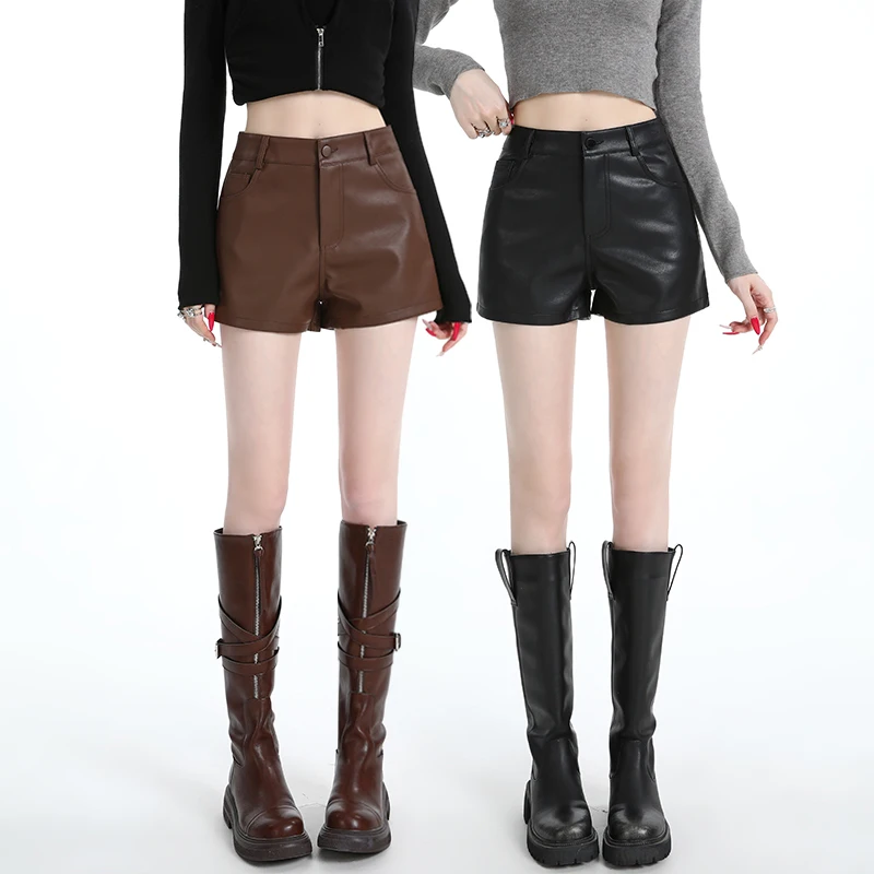 Korean Style Fashion Minimalist PU Leather Shorts High Waist Slim A-Line Wide Leg Shorts Boot Pants for Trendy Girls