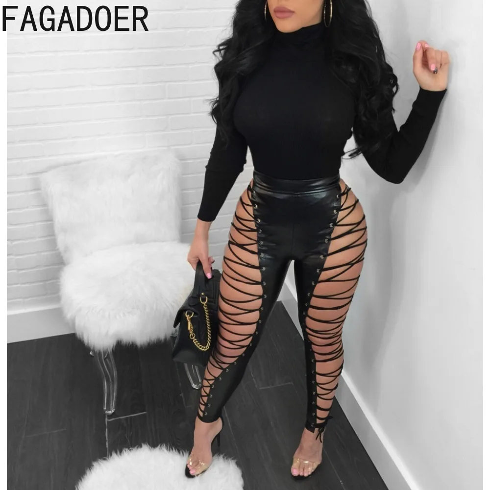 

FAGADOER Black Sexy Bandage Skinny PU Leather Pants Women High Waist Solid Color Trousers Female Fashion Nightclub Bottoms 2023