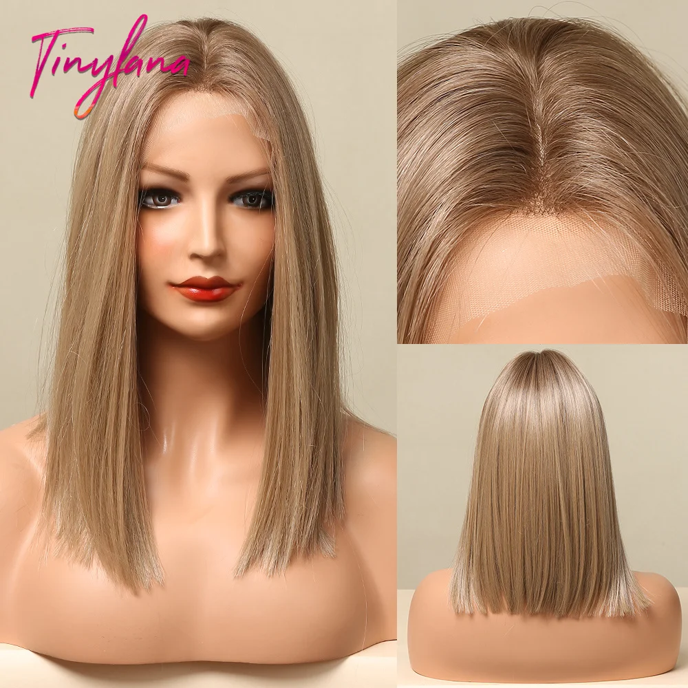 Brown Blonde Lace Front Wigs Short Straight Bob Synthetic Lace Frontal Wig with Baby Hair for Women Blunt Cut Natural Daily Hair