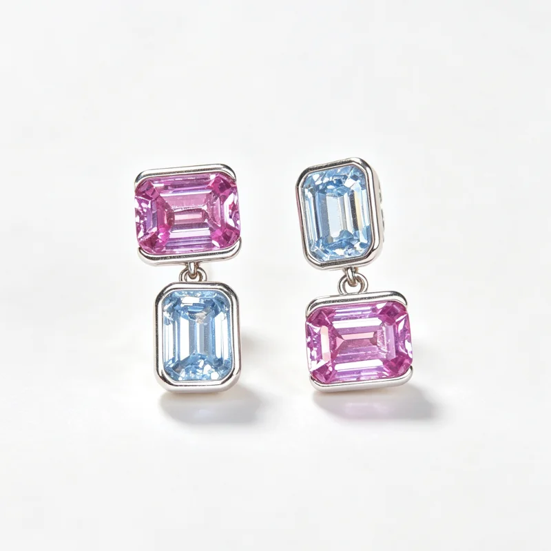 Bellux Two-tone Pink Blue Emerald Cut CZ Drop Earrings for Women 925 Silver Square Gem Dangle Mismatched Color Earrings