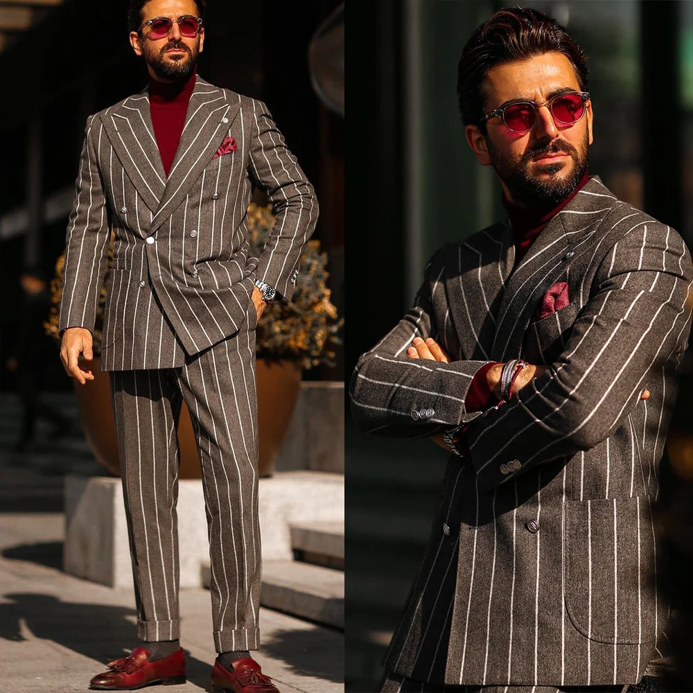 

2 Pieces Classic Striped Men Suits Wedding Double Breasted Tuxedos Formal Prom Groom Evening Party (Blazer+Pant) Custom Made