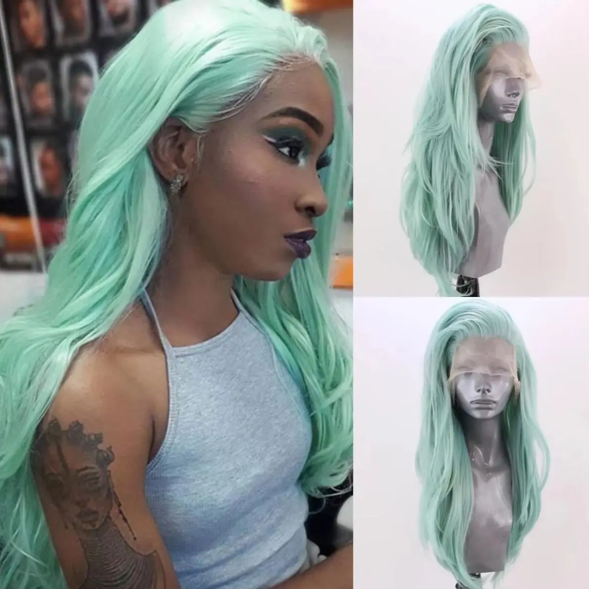 

Mint Green Wig Nature Wave Lace Front Wigs HD Transparent Straight 13x4 Lace Synthetic Lace Frontal Wig Pre Plucked Cosplay Wear