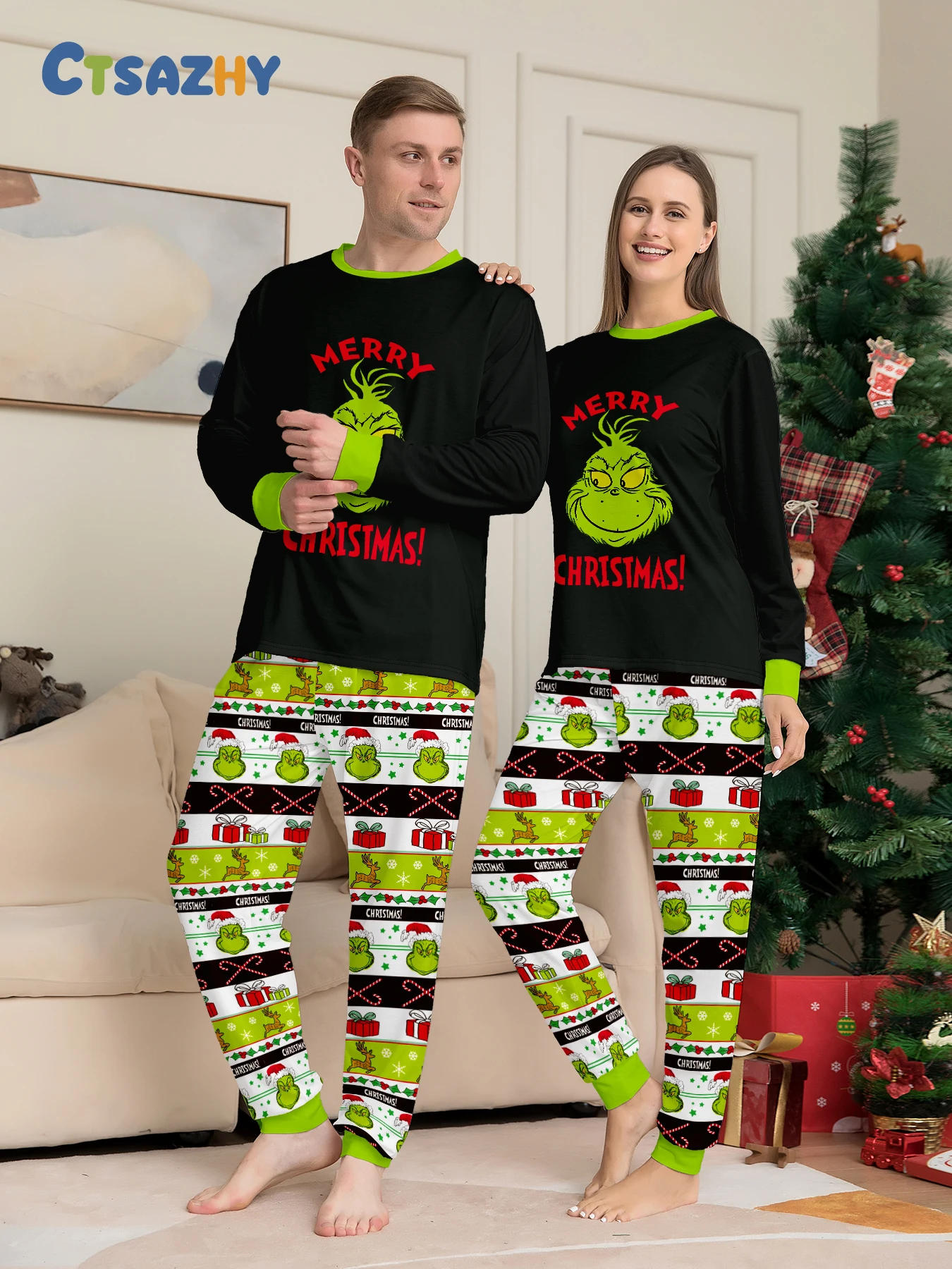 New Christmas cartoon parent-child pajamas Europe and the United States long sleeve trousers letter printing home set