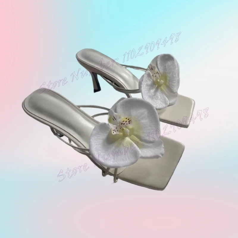 Zapatillas de decoración de flores con punta cuadrada Para mujer, Zapatos de punta abierta, tacones altos, Sexy, 2024