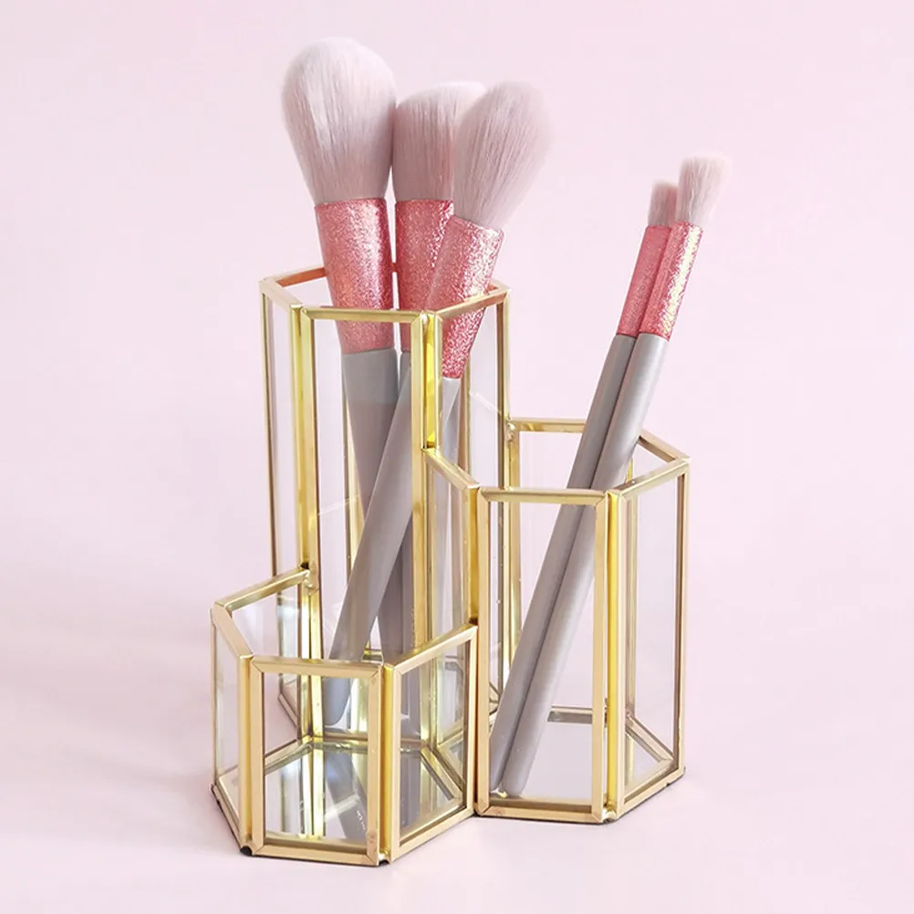 Makeup Brush Holder Three Grid Glass Organizer Storage Bucket Pen Holder Desktop Makeup Brush Storage Stand