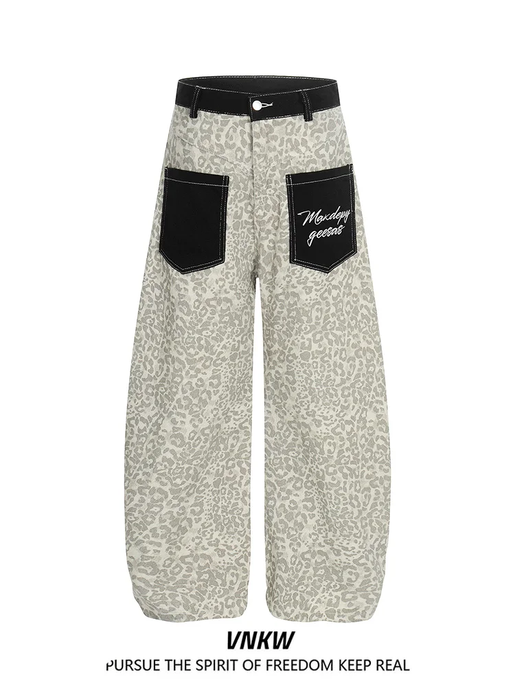 

Американские ретро-джинсы с леопардовым принтом, широкие брюки свободного кроя, устойчивые к износу, для мужчин и женщин, повседневные брюки прямого кроя, весенний сезон