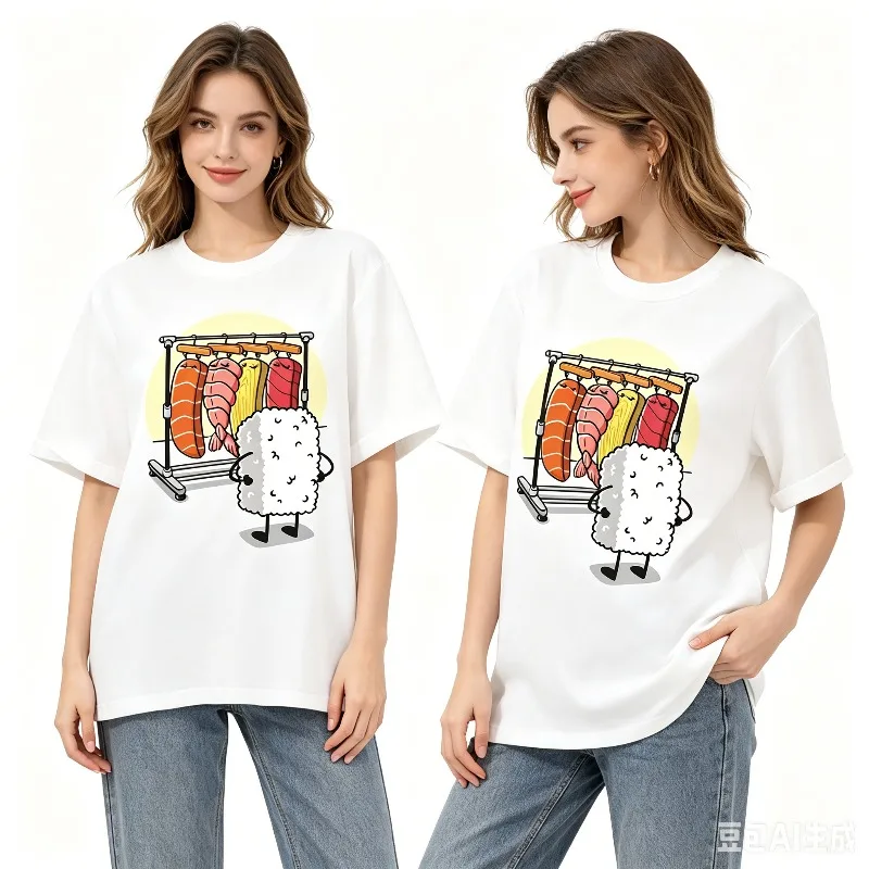Women's Funny Sushi T-shirt, Cute Graphic Tee for Foodies, Black and White Options