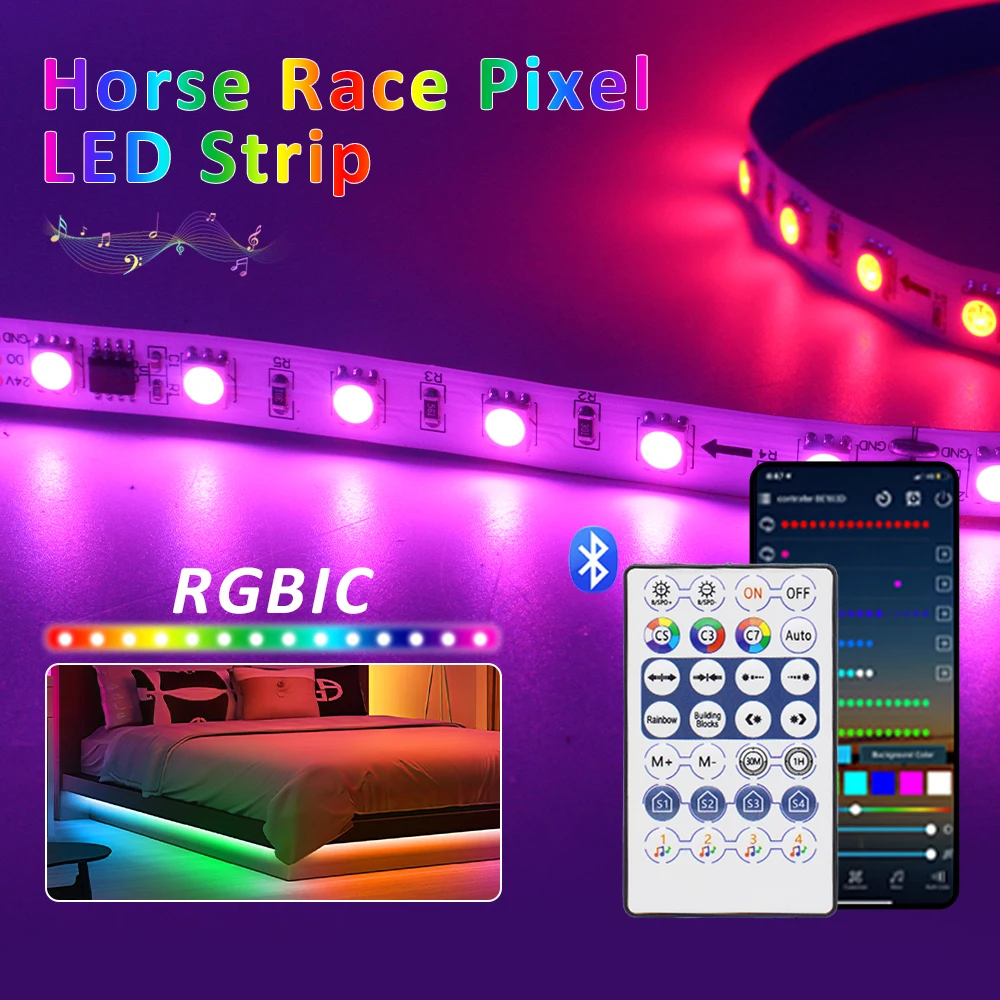 

RGB IC Horse Race LED Strip Light DC 24V Dream Color 60 Pixel 5M 10M 20M Addressable Tape Lamp Bluetooth Controller with Remote
