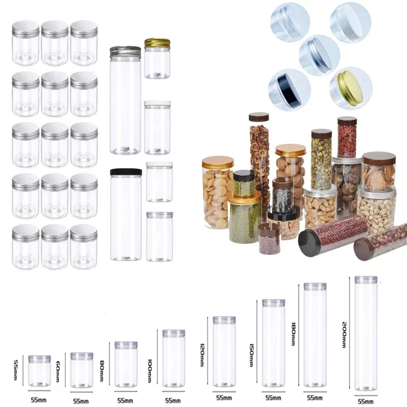 10Pcs 100ml-420ml Empty Clear Plastic Jars Straight Cylinders Bottle Containers W/ Aluminum Lids For Dry cargo Nuts Candy Jams