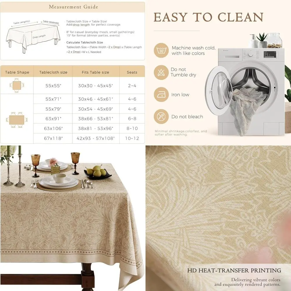 

Vintage Beige Floral Linen Rectangular Tablecloth, Waterproof Cover for Picnics, Dining, Parties, Weddings, Christmas, 55x71