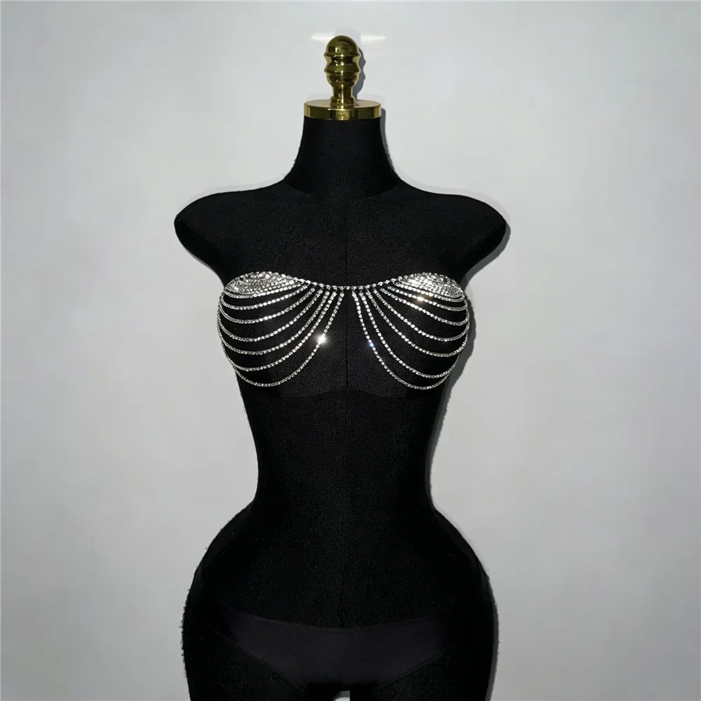 Women Sparkly Rhinestone Chain Tube Tops Sexy See Through Hollow Out Tassel Tank Top Bra Chain Summer Beach Party Festival Camis