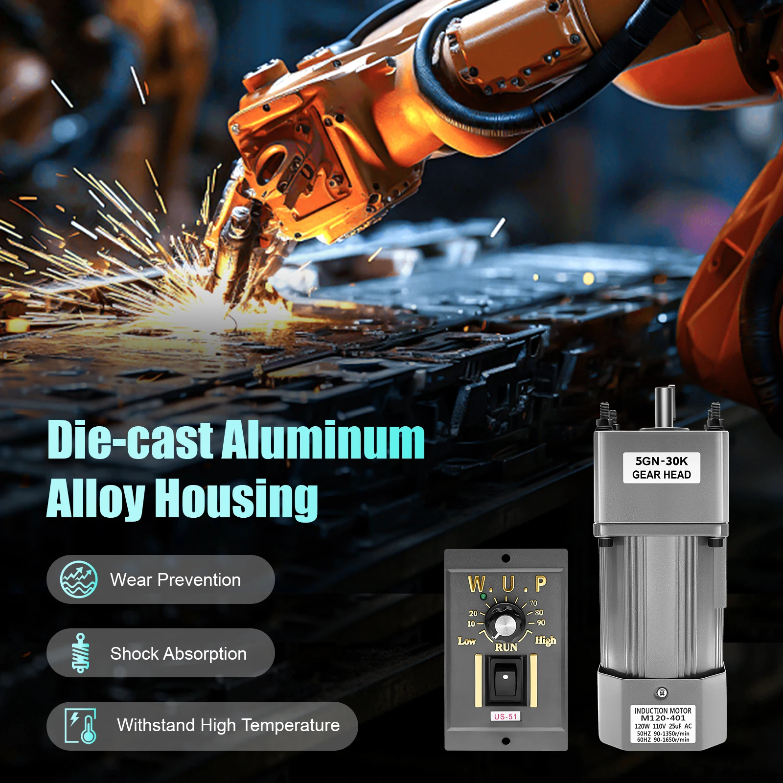 Motore elettrico con motoriduttore CA da 120 W a basso rumore con regolatore di velocità, motore industriale per automazione, macchinari, tessuti, 110 V 45 giri/min