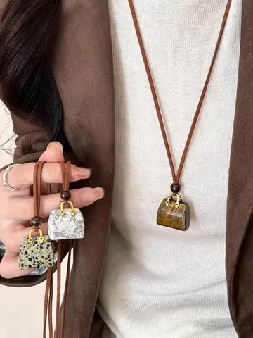 Creative Alloy Bag Necklace Adjustable Brown Leather Rope Sweater Chain Fashion Luxury Sweater Necklace Women