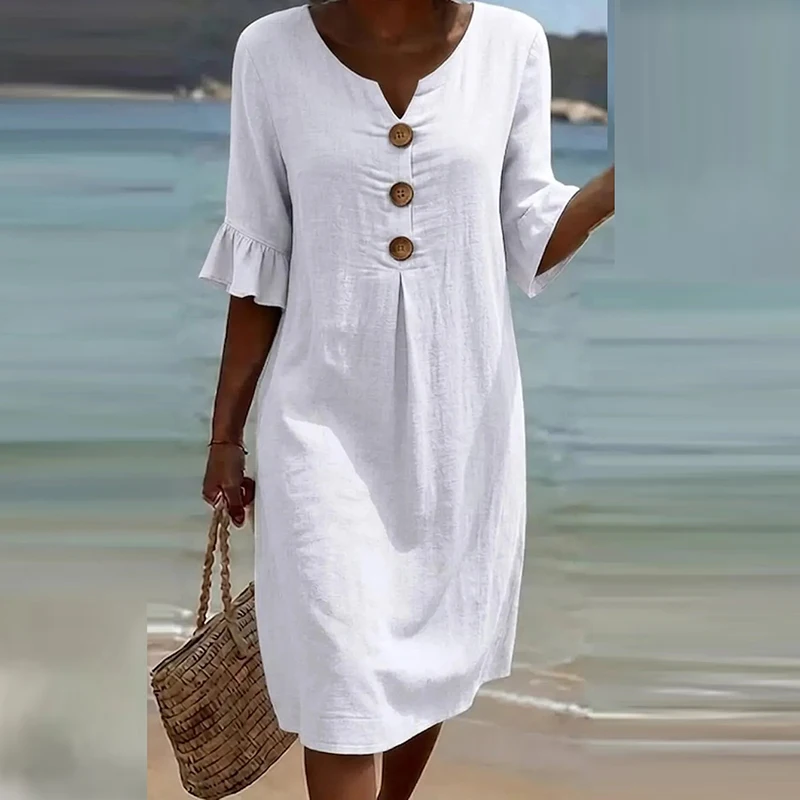 

Vintage Women Dress V Neck Short Sleeve Ruffle Design Button Beach Holiday Dresses For Women Casual Solid Loose Party Dress