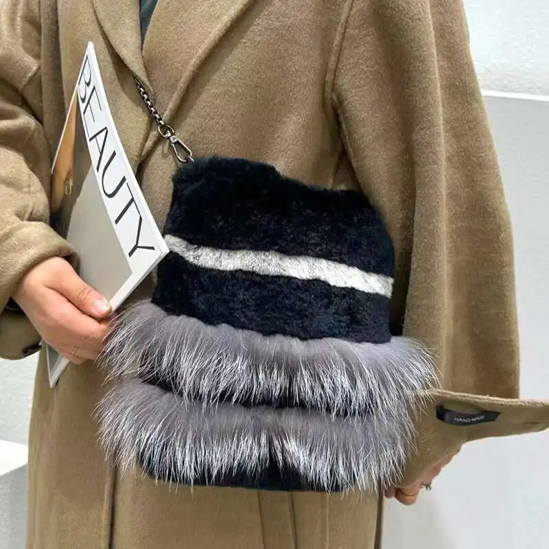 

Rex Rabbit Fur Bag Winter Real Fur Phone Bag Single Shoulder Crossbody Wallet Natural Fox Fur Handbags Furry Messenger Bags