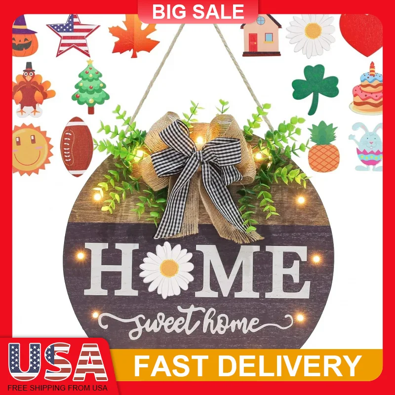 

14 Icon Interchangeable Sign with 12 LED Lights Farmhouse Rustic Wooden Porch Decor Holiday Door Hanger for Christmas Halloween