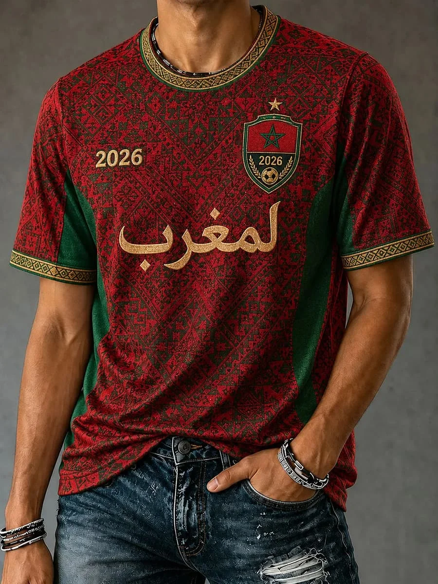 Morocco National Team Red Football T-Shirt, Men's Crew Neck Sportswear with Script 2026 Crest Kids Colthing Family Matching