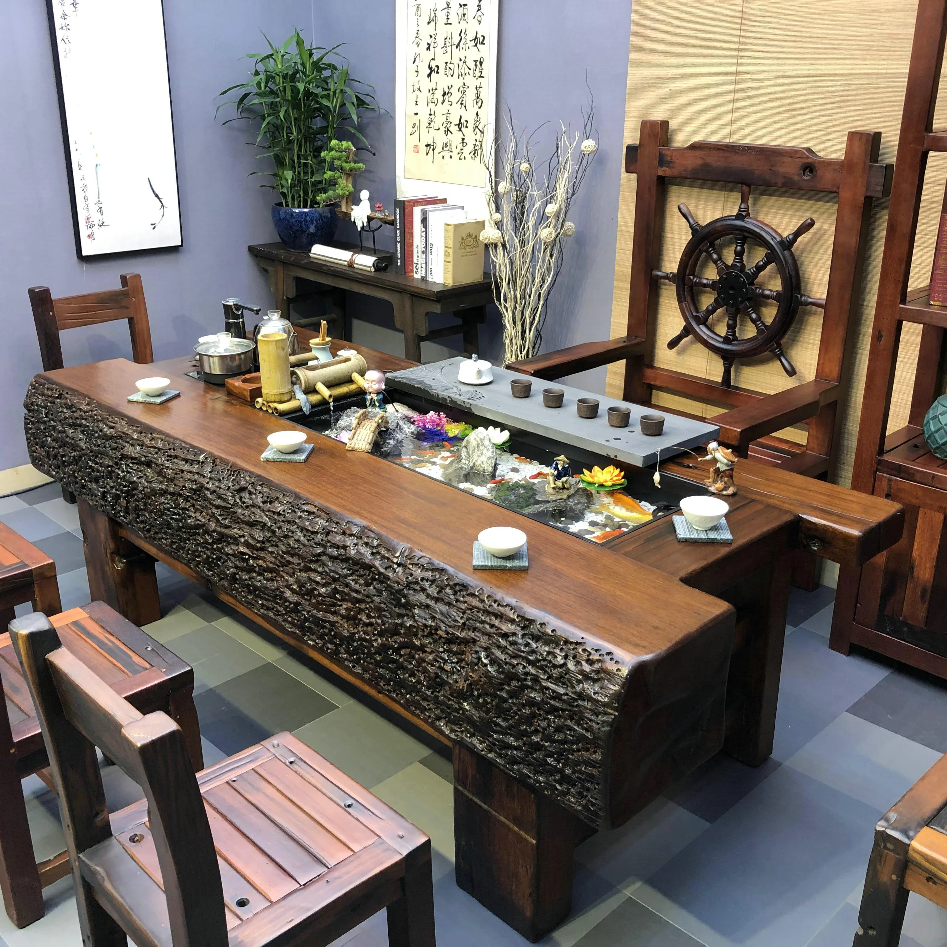 Old Ship Wood Tea New Chinese  Table Solid Wood   Art  Table and Chair Combination   Drinking