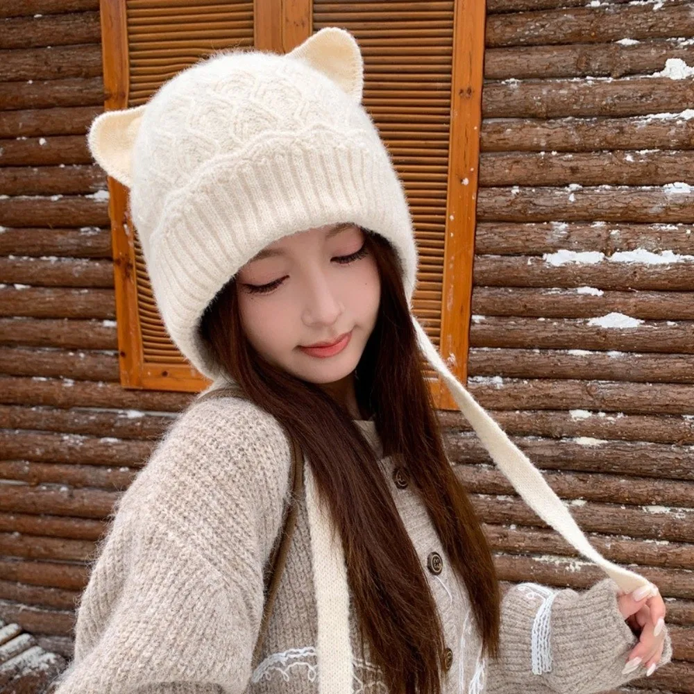 Korean Style Windproof Cat Ear Knit Hat 3D Cat Ear Warm Knitted Soft Beanie Skin Friendly Stretchy Fit Head Cover Walking