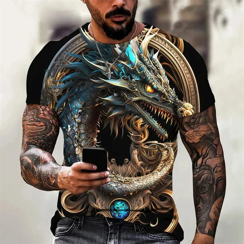 Dragon Lotus Flower Pattern T Shirt for Men Chinese Loong 3D Printed Tees Summer Casual Short Sleeve O-Neck Tops Unisex T-Shirts