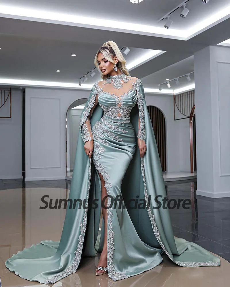 Sumnus Saudi Arabische Avondjurk Hoge Hals Lange Mouwen Applicaties Luxe Dubai Prom Dress Slit Satin Avond Party Jurken