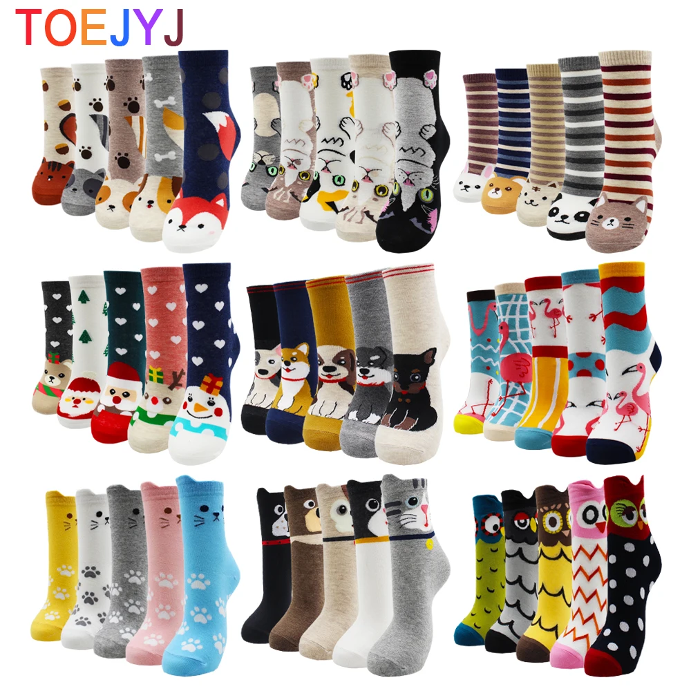 5 Pairs Fashion Colorful Kawaii Cute Cartoon Cotton Women Socks Harajuku Korean Halloween Cat Dog Owl Duck Fox Girl Socks