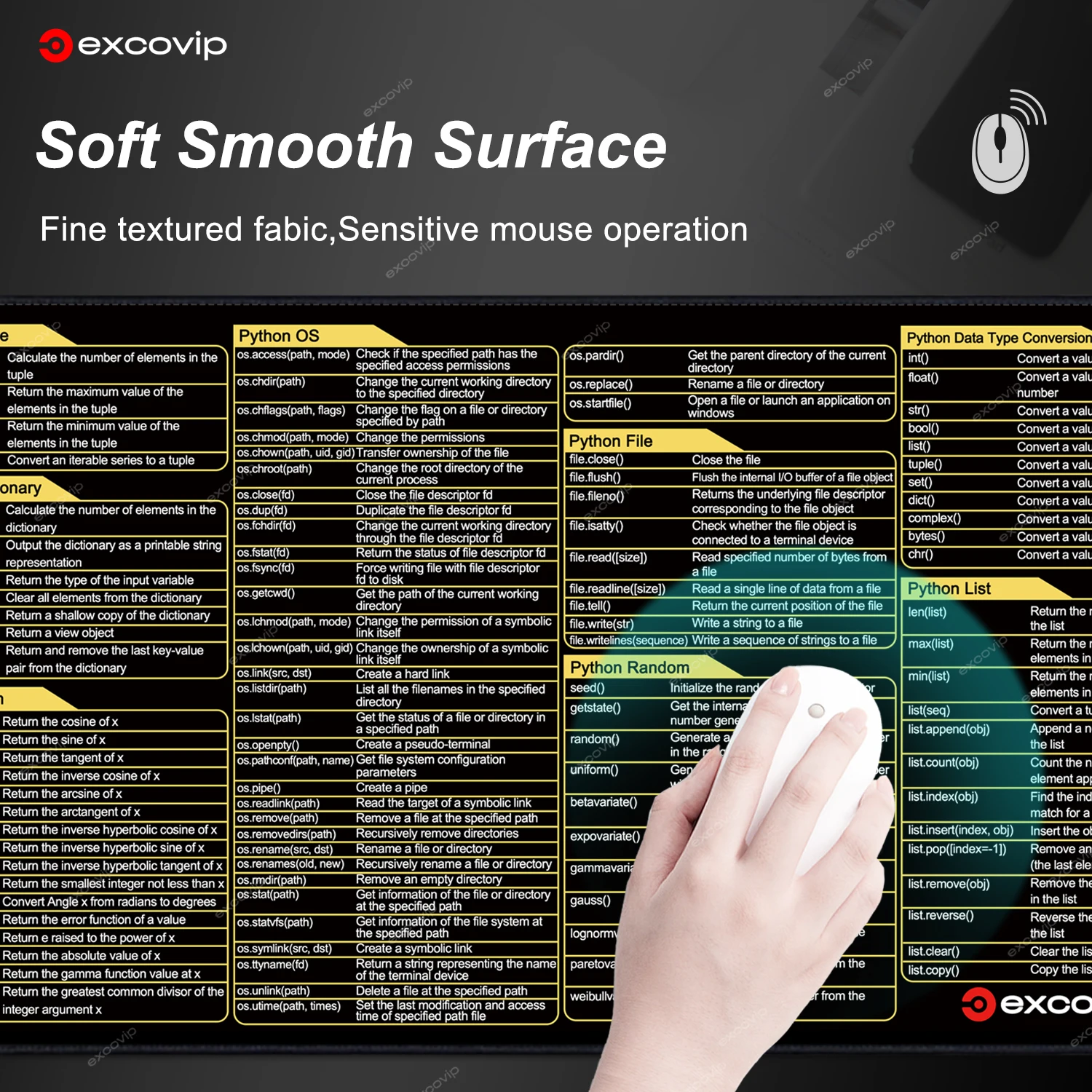 EXCO Python Programing Mouse Pad Large Shortcuts Cheat Sheet Keyboard Mousepad Stitched Edge Non-Slip Base Desk Mat for Engineer