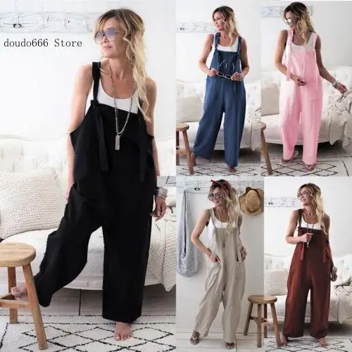 Women's Casual Loose Cotton and Linen Pocket Jumpsuit Overalls Wide Leg Casual Capri Pants