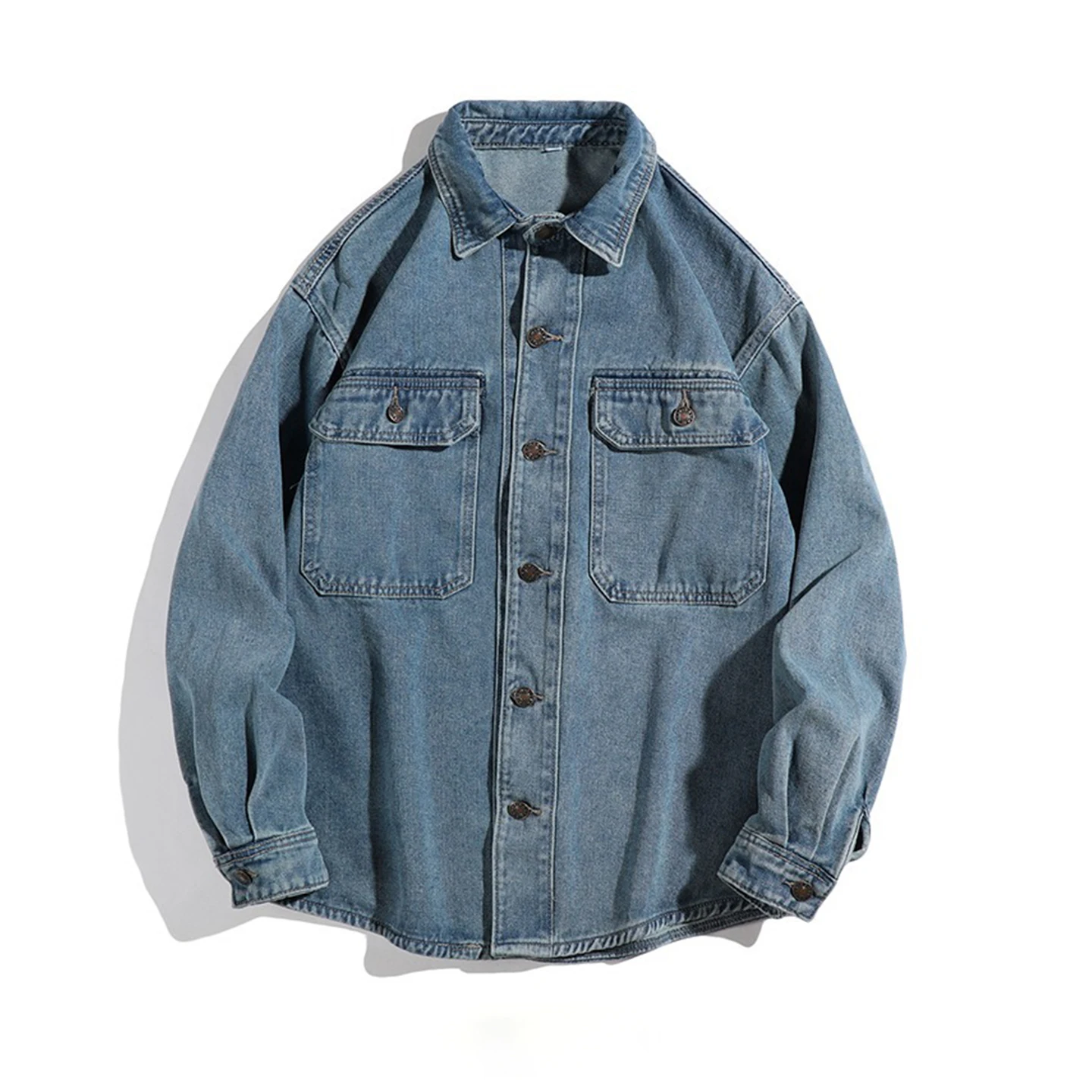 

Spring Autumn Men Blue Denim Shirt Single Breasted Lapel With Pockets Casual Shirts American Fashion Street Style Loose Coat