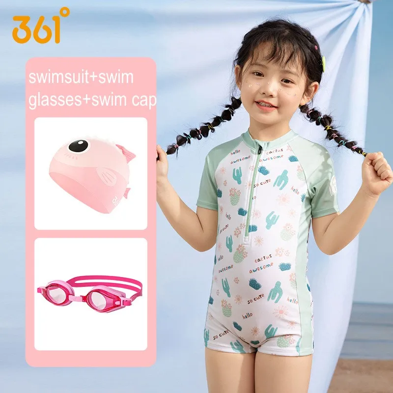 361°Girl One Piece Professional WaterProof SwimWear Glasses Cap Kids UPF50+Quick-Drying Monokini Athletic Beach Bikini Clothes