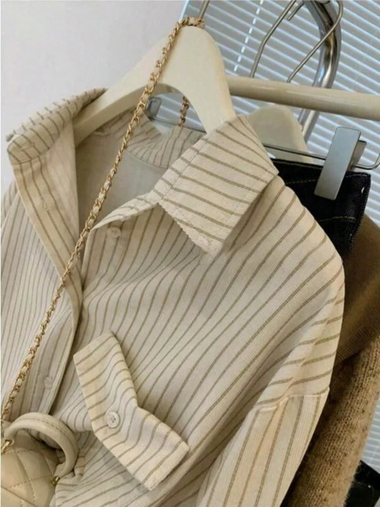 Women's Fashion Shirt Early Autumn Corduroy-Textured Casual Striped Long-Sleeved Shirt For Everyday Wear