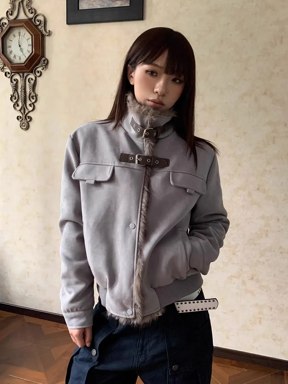 

Warm Fce Lined Biker ort Coat Jaet American Sle Mountain Eagle Men Women Cotton Clothes Winter New Sle Suede