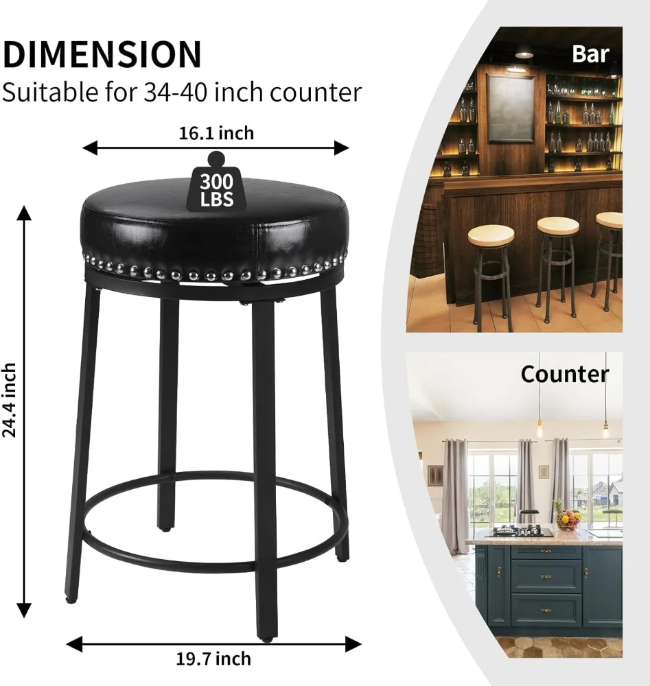 Swivel Bar Stools Set of 2, Counter Height Bar Stools, 24 Inch Swivel Counter Stools with Soft Cushion & Metal Frame