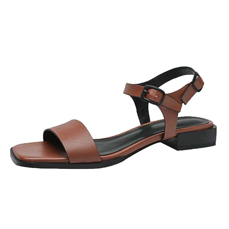 Genuine Leather Women Ankle Strap Sandals Summer One Word Buckle Low Heels Black Brown Open Toe Plus Size Shoes SmallHut Brand