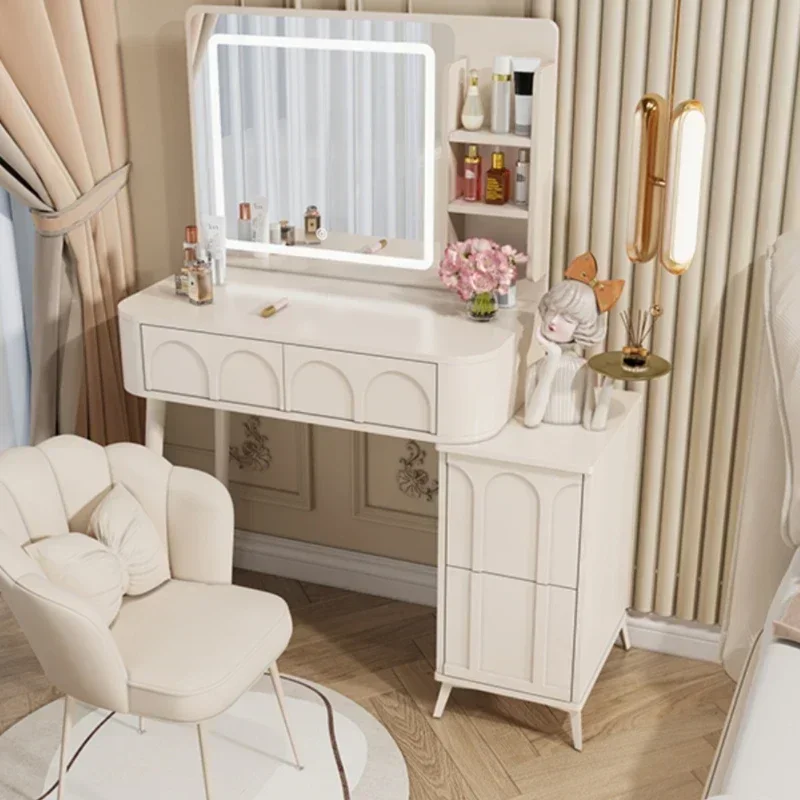 

Vanity with Floating Drawers, Wall Mirror and LED Lights, Sleek Bedroom Setup Wood Vanity with Mirror and Drawer