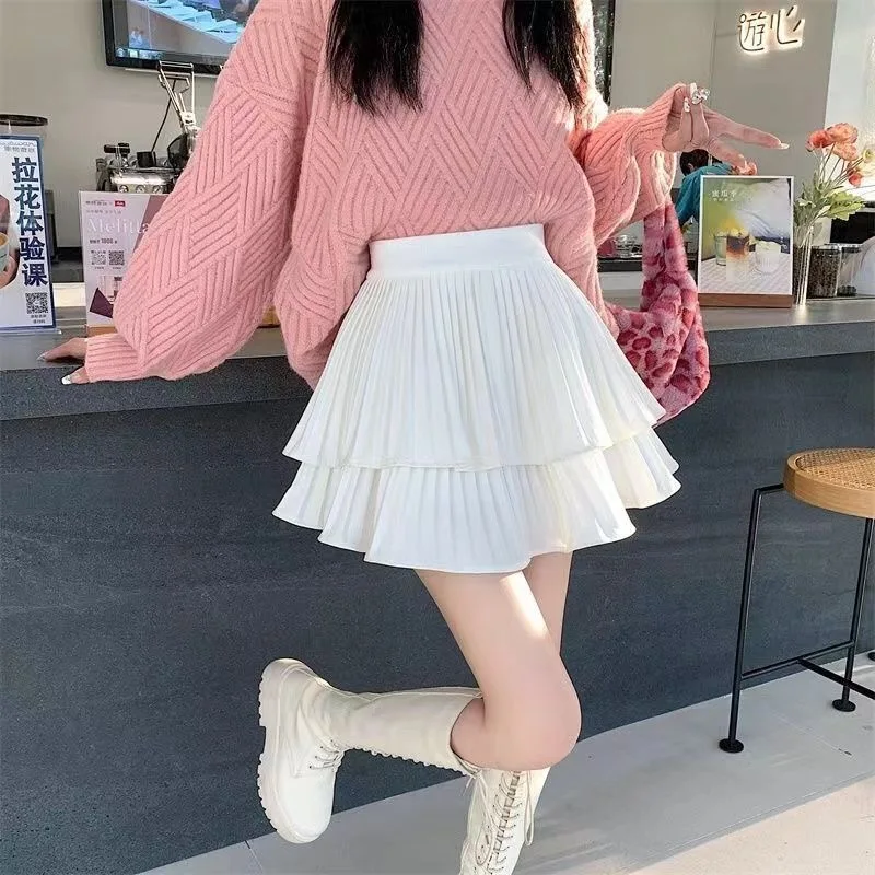 Women Ruffled Pleated A-Line Mini Skirt Summer Tulle Cake High Waist Slim Skirt Shorts Female Sexy Korean Kawaii White