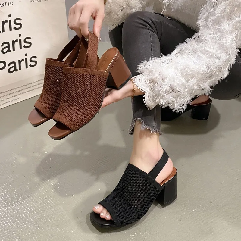 

Summer2025 New Large-sized High-heeled Sandals, Women's Knitted, Breathable, Thick-heeled, European and American Fashion Sandals