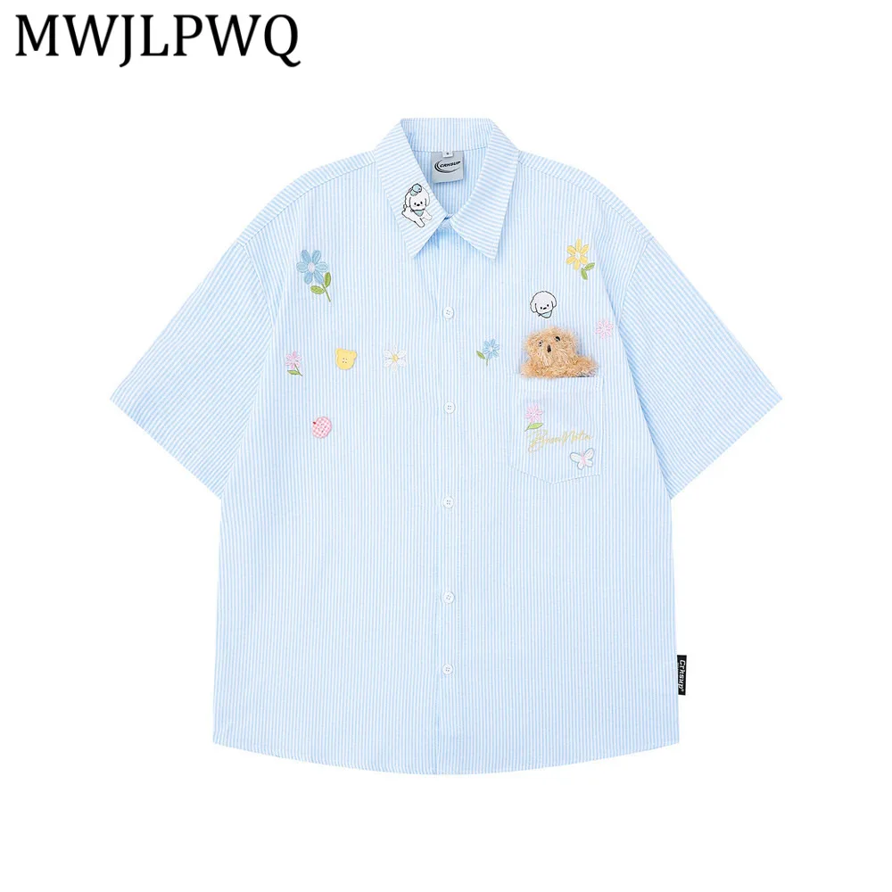 

MWJLPWQ Embroidery Vertical Stripe Short-Sleeve Shirt Male Casual Loose-Fitting Trendy American Vibe Summer Men's Tops 14047