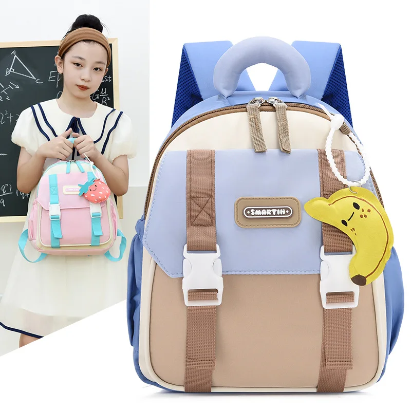 Kids Kindergarten Backpack Nylon Color Block Backpack With Fruit Charm Boys Girls Ergonomic Lightweight Bag