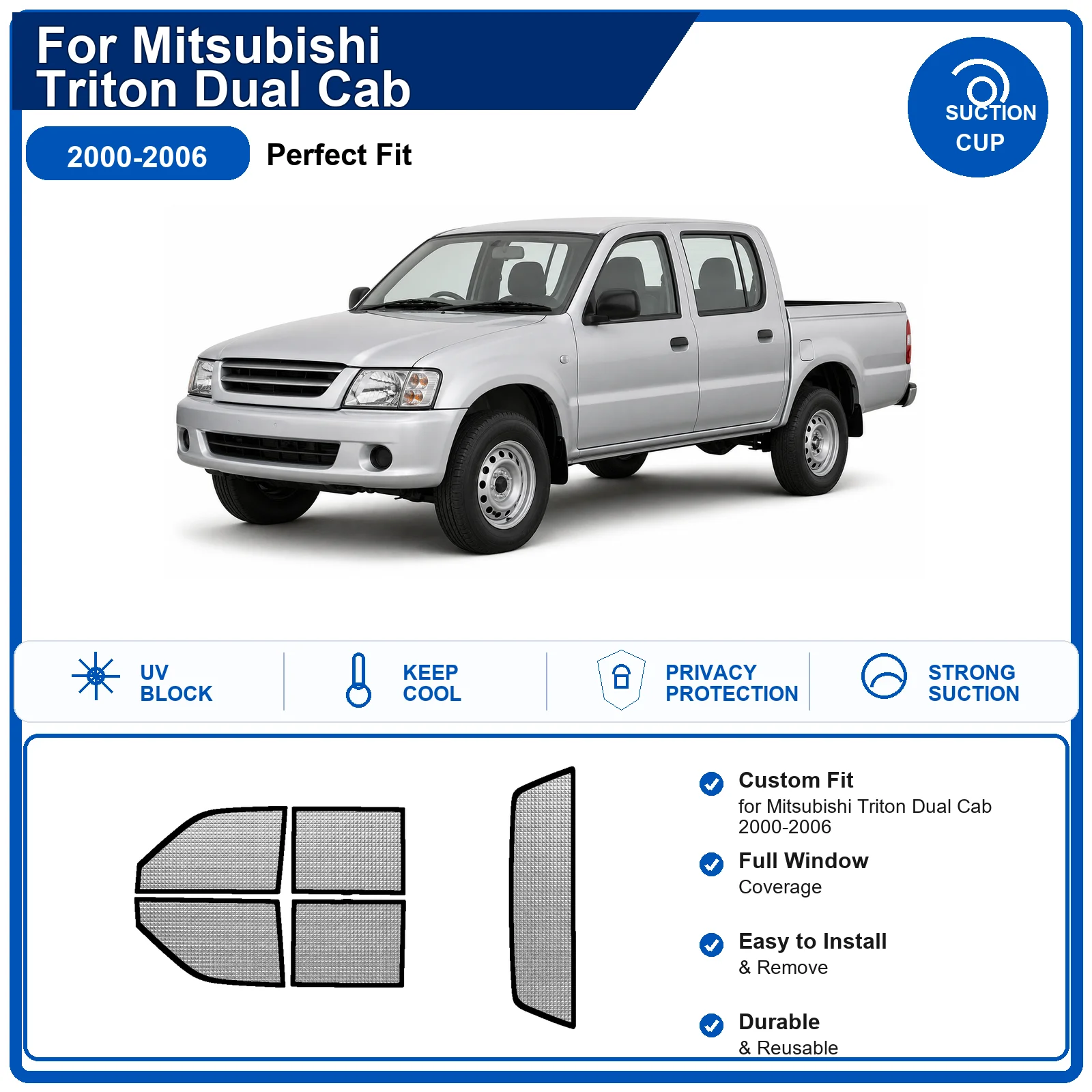 For Mitsubishi Triton Dual Cab 2000-2006 Custom Full Set Windshield Sun Shade Aluminum Foil Heat Insulation Anti UV Foldable