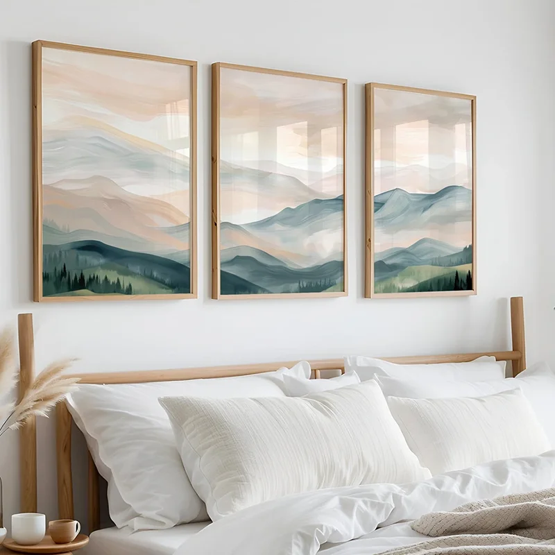 3PCS  Boho Landscape Poster Set Modern Mountain Poster  Wall Art Trio Green Beige Gray Canvas Paintings For Room Decoration