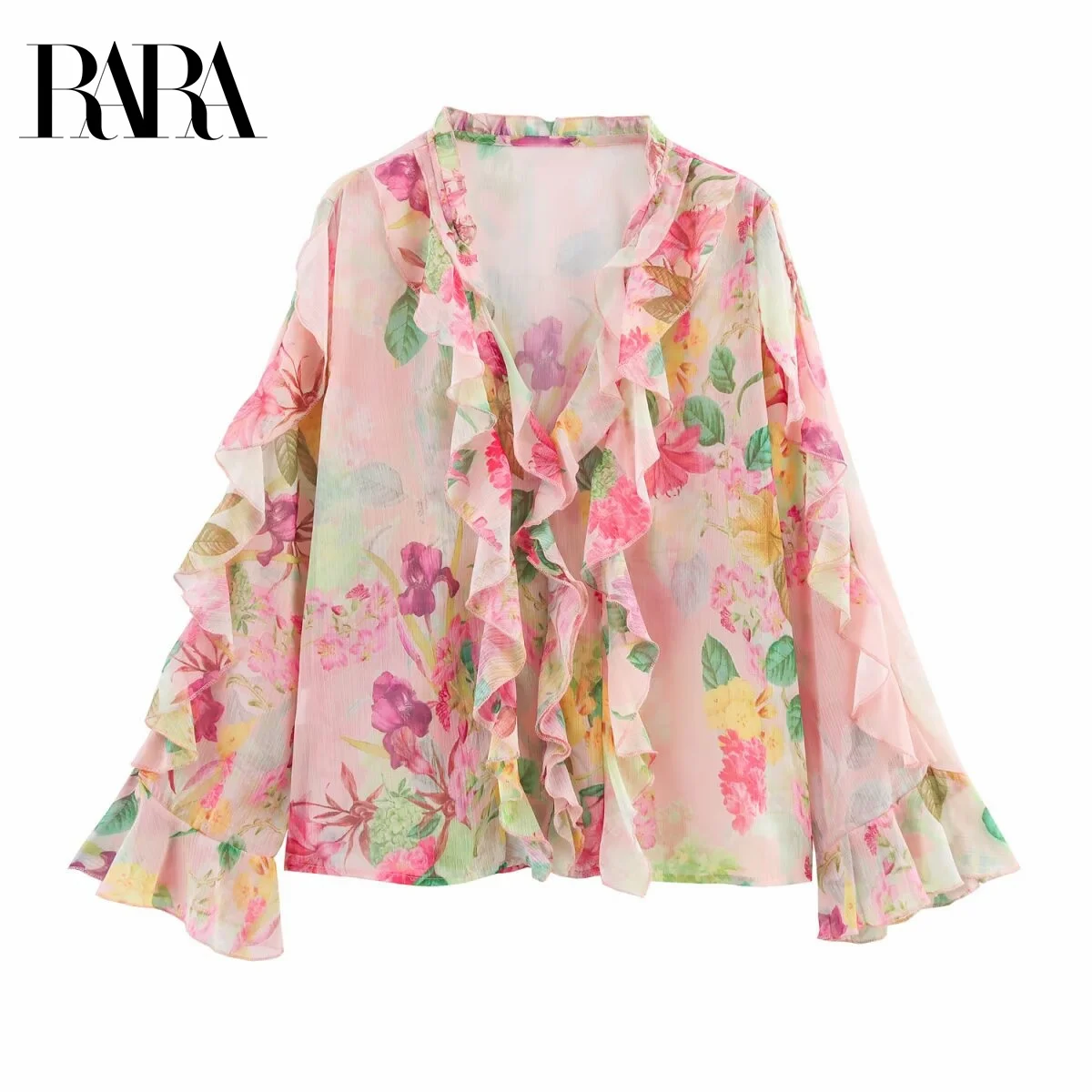 

RARA2025 Women's Summer New Layered Ruffle Decorated Elegant Sweet V Neck Long Sleeve Floral Printed Chiffon Shirt